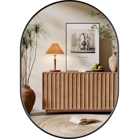 Dripex Miroir mural ovale 50 x 70 cm avec cadre en aluminium – Miroir mural décoratif HD et miroir de coiffeuse pour salle de bain, dressing ou salon – Incassable (Noir)