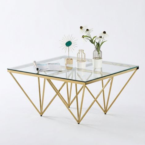 Table Basse Carrée GIZE Verre Trempé Transparent Pieds Gold 80x80x45cm (1/5)