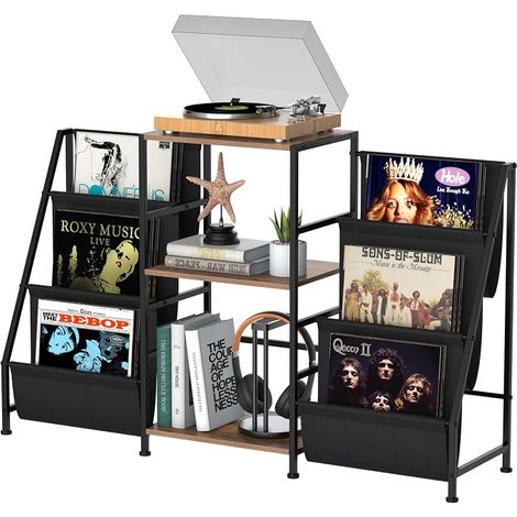 Bookcase, Side Table with 3 Tier Shelf, Vinyl Record Storage, Side Table for Living Room, Vinyl Record Stand, with Vinyl Player, for Up to 200 Albums (1/5)
