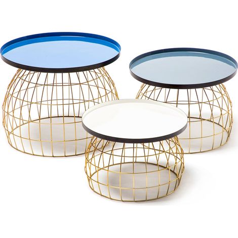 Table dappoint métal ronde bleu gris blanc - or avec plateaux bleu gris blanc (1/3)