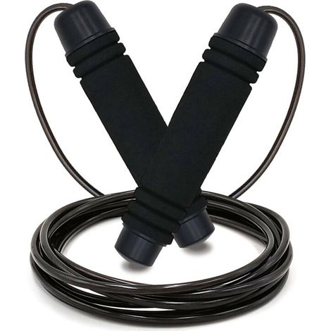 Corde à sauter fitness pour adultes, poignée en mousse, câble acier, coloris noir