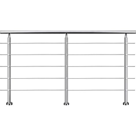 Garde-corps 220cm argenté, 1 main courante, 5 traverses, inox 201, intérieur et extérieur, design moderne - kit complet