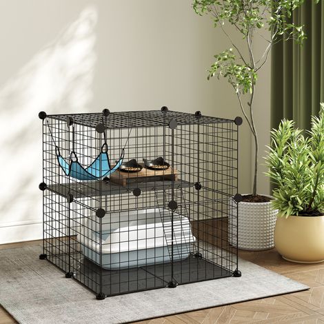 Cage Chat Intérieur Enclos Chat Modulable 2 Portes Hamac Échelle pour Petits Animaux de Compagnie 70x70x70cm Noir (1/5)