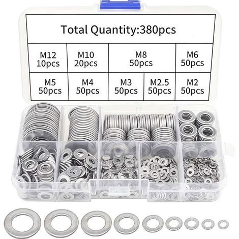 380pcs Assortiment de rondelles plates - Acier inoxydable Rondelles de sécurité - Charnières et hydraulique - M2 M12 (1/5)