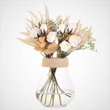 Fleurs Artificielles de Rose en Soie Et Oreilles De Blé Décoration Fête Arrangements Fleurs Nuptiale de Noce Bouquet Têtes De Mariée Mariage Maison Jardin Bureau Centres De Table (Blanc) (1/5)