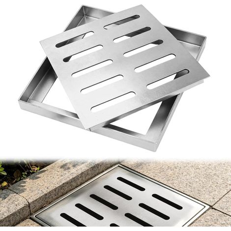 Couvercle de drainage de sol en acier inoxydable avec cadre - Grille de drainage carrée - Antidérapant - Pour l'intérieur et l'extérieur - Salle de bain, jardin, terrasse (200 x 200 x 20 mm) (1/5)