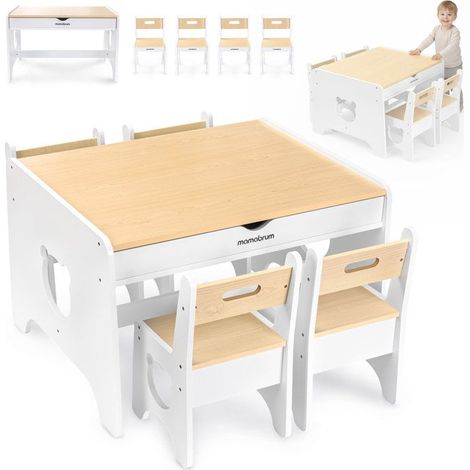 Kindertisch mit MDF-Holzstühlen - Mamabrum - 2 integrierte Schubladen - 4 Stühle - Sitzhöhe 26 cm - Bärenmuster (1/5)