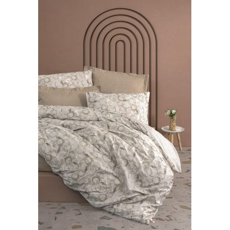 Parure de lit Simple - Beige - Ranforce - Housse de Couette de 135 x 200 cm et taie d'oreiller de 80 x 80 cm - 100% Coton - Imprimé Pigment - Lavable en Machine - Design élégant - Twin (1/5)