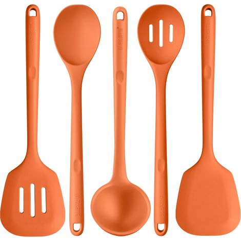 Ustensiles de cuisine en silicone extra longs: spatules de cuisson résistantes à la chaleur de 315 ℃, cuillères de service pour mélanger friture remuer l'égouttage (5 pièces, Orange) (1/5)