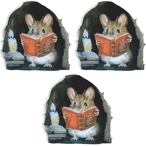 Stickers muraux 3D « Trou de souris » (lot de 3), souris lisant un livre, autocollants muraux amusants et imperméables pour la décoration de chambre d'enfant. (1/5)