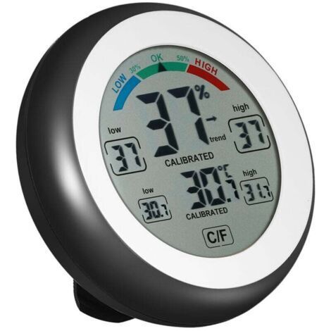 Thermomètre et hygromètre rond noir à écran tactile avec horloge (1/4)
