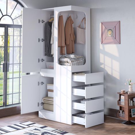 Armoire 70 x 40 x 170 cm, avec tiroirs et compartiments de rangement, espace penderie ouvert, une porte, blanche