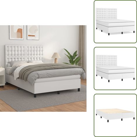Sommier à lattes de lit avec matelas Blanc 140x200cm Similicuir - Lit Plateforme - Lit Double - Literie - Matelas Ressort Ensache - Tête De Lit Ajustable (1/5)