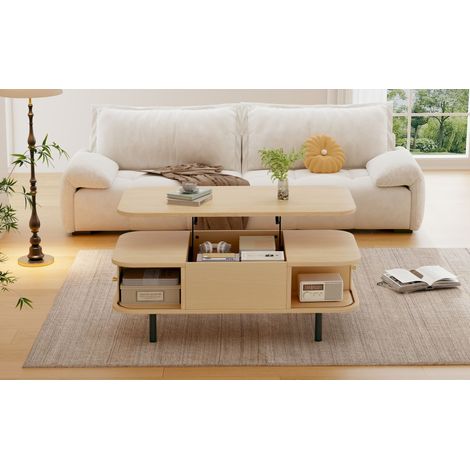 Table basse réglable en hauteur 101x51x52.5 cm en MDF couleur bois avec rangement intégré (1/5)