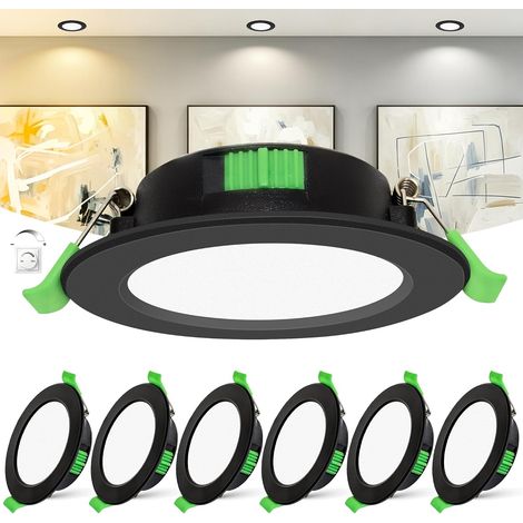Lot de 6 Spots LED Encastrables Extra Plat 25mm, 6W Dimmable 0-100% avec Variateur, 2700K/4000K/6000K, IP44 Spot Salle de Bain, CRI 90, Découpe Ø55-68mm, 230V, Noir (1/5)