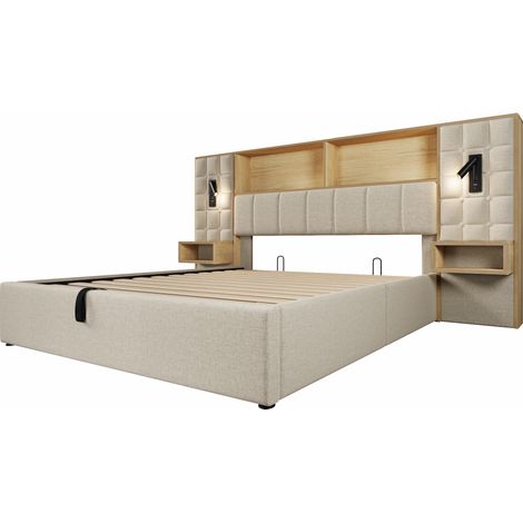 Letto contenitore 180x200 cm beige in lino con 2 lampade, USB-C e comodini integrati (1/5)