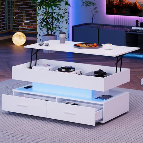 LED Coffee Table for Living Room, Hydraulic Lift Top Coffee Tables with Storage for Living Room, Coffee Table with 2 Drawers & LED Light for Dining Reception Room, White (1/5)