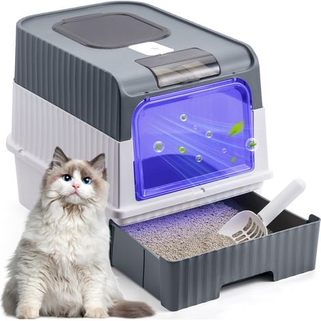 Katzentoilette, Katzentoilette mit Schaufel, selbstreinigende Katzentoilette, UV-Sterilisation, auslaufsicherer Boden (Grau, 48 x 34,5 x 37 cm)