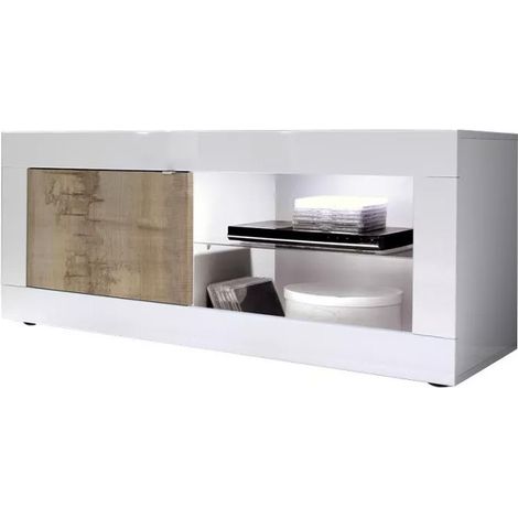 Mueble de TV 1 puerta, colección ISORA, color blanco lacado brillante y roble claro