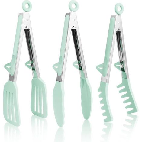 Tre pinze da griglia in silicone lunghe 23 cm. Pinze da griglia resistenti al calore e antiscivolo per bistecche, pesce fritto, carne alla griglia e pane. Verdi. (1/5)