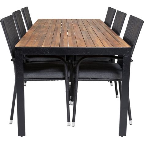 Bois Ensemble table et chaises de jardin, table 90x205cm et 6 chaises Anna, noir, naturel. (1/5)