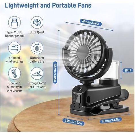 4 Vitesses Ventilateur Brumisateur à Pince avec Écran LED, Mini Ventilateur Portable Rechargeable, Ventilateur Portable à , USB Ventilo Portable (1/4)