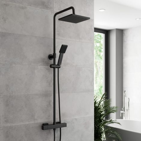 Thermostatic Mixer Shower Square Dual Head Riser Rail Handset Cool Touch Black (1/5)