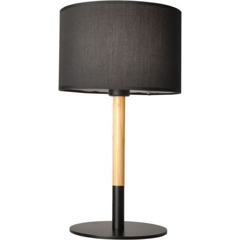Lampe de chevet nordique E27 – Corps en bois et abat-jour en tissu – Design minimaliste – Diamètre 25 cm – Interrupteur intégré (1/5)