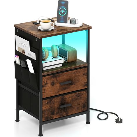COSTWAY Narrow Bedside Table with LED Light 2 Fabric Drawers Brown (1/5)