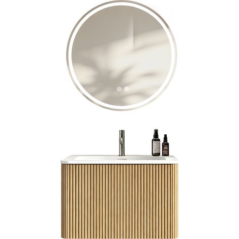 Set mobile bagno sospeso 60 cm con lavabo integrato e specchio LED rotondo, finitura quercia (1/5)