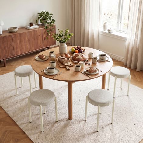 Lot de 4 Tabourets Empilables Ronds avec Assise Rembourrée, sans Dossier, Gain de Place, 45 x 45 x 47,5 cm, Crème (1/5)