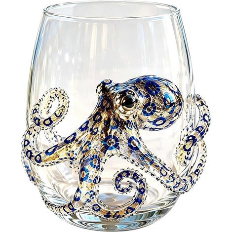 Verres à vin sans pied artisanaux motif pieuvre 3D, verres de bar anneaux bleus thème côtier, cadeau décoration motif animal marin (1/5)
