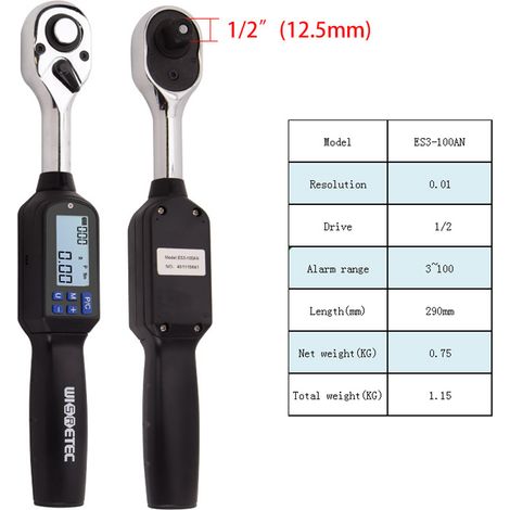 Clé dynamométrique numérique portable ES3-100AN 1/2 pouce, grand écran rétroéclairé, alarme sonore LED, mesure des pics en temps réel, quatre unités de mesure, multifonctionnelle et pratique. (1/5)