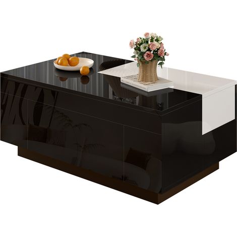 Table basse haute brillance avec LED, plateau extensible noir et blanc, rangement caché et bande lumineuse réglable 16 couleurs – idéale pour salon moderne