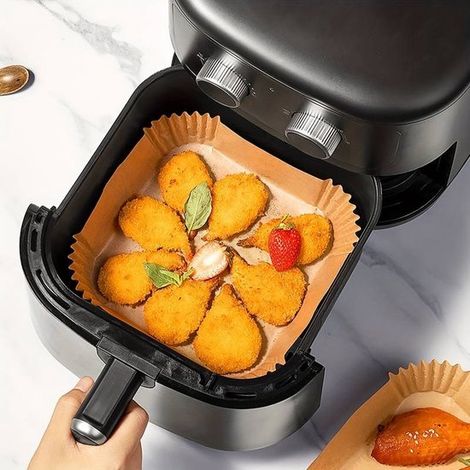 Papier sulfurisé pour Airfryer – 50 feuilles – Carré – 20‑23 cm – Antiadhésif – Marron – Universel (1/5)