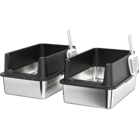 Lot de 2 bacs à litière en acier inoxydable pour chat avec côtés hauts - Bac en métal pour chat, grand bac à litière d’intérieur, ne jamais absorber les odeurs, fournitures de toilette pour (1/5)