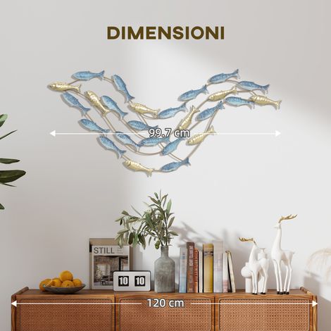 Décoration murale en métal Banco di Pesci 99,7x3,8x50,2 cm, bleu et or, visserie incluse (1/5)