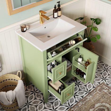 Meuble vasque autoportant 61cm laqué vert brillant, tiroir rabattable, 2 tiroirs coulissants, porte étagères intégrées, sans robinet, salle bain design et coloré (1/5)