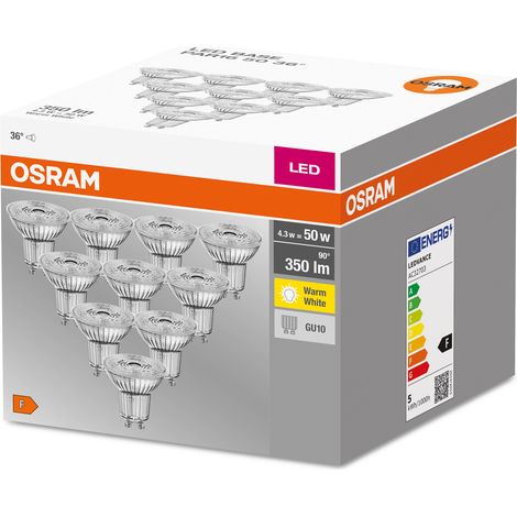 CAJA 10 BOMBILLAS LED REFLECTORAS GU10 4.3W CALIDA 36º OSRAM (1/4)