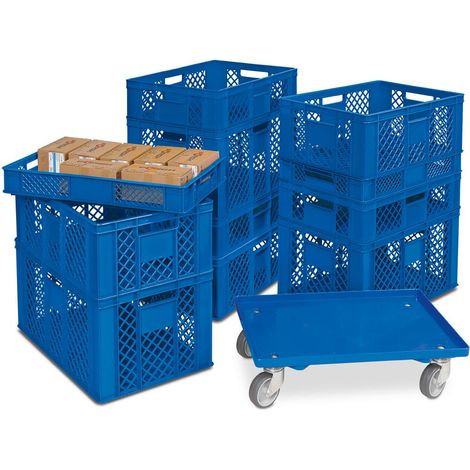 BRB Lot de 11 paniers empilables en polyéthylène HD Bleu 600 x 400 mm H 90 mm/150 mm/240 mm/320 mm (1/2)