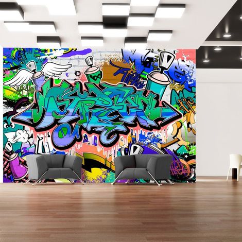 Papier peint motif graffiti bleu - 150 x 105 cm