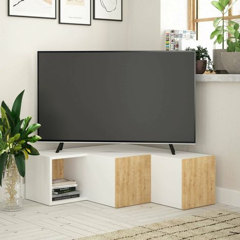 Dmora - Mueble de televisión Bliksem, Aparador de salón, Mueble bajo para TV, Base de pared equipada, 90x92 h32 cm, Blanco y Roble (1/4)
