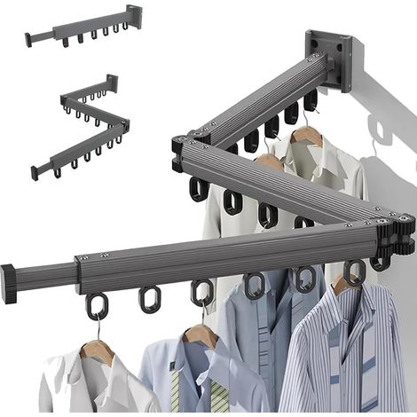 Secadora de ropa de pared, extensible en 3 etapas con barra de extensión, secadora de ropa de pared de aluminio con 18 ganchos para balcón, lavadero, baño, dormitorio. (1/5)
