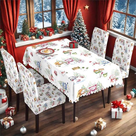 Ensemble de nappe et housse de chaise de Noël en soie de lait imperméable, imprimé, référence TC-253 (140 x 210 cm).