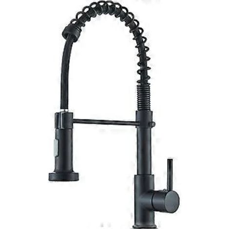 Grifo de cocina negro, giratorio 360°, de caño alto, con cabezal rociador extraíble, dos modos de chorro, fabricado en latón. (1/2)