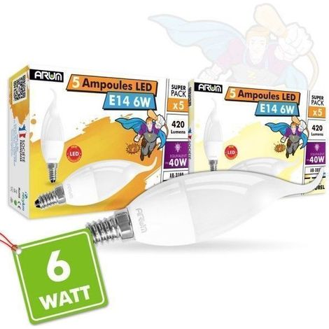 Lot de 5 Ampoules LED E14 Flamme 5W Rendu 40W 400LM  Température de Couleur: Blanc Chaud 3000K