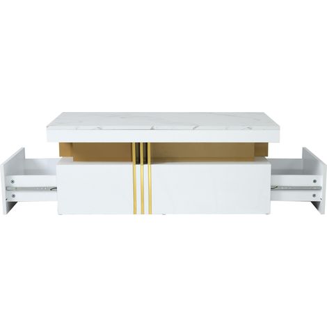 Table basse rectangulaire moderne avec plateau marbré blanc brillant et 2 tiroirs en bois, 100 x 50 x 40 cm (1/5)