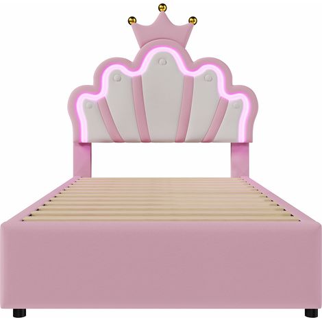 Lit rembourré 90 x 200 cm, sans matelas, éclairage d'ambiance télécommandé, lit avec 2 tiroirs, lit princesse en forme de couronne, tête de lit réglable, PU, rose (1/5)