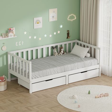 FURNITURE HMD Children’s Bed Single Bed Frame with Guardrails and 2 Storage Drawers,Solid Pine Wood White Toddler Bed for Boys Girls,90cm x 190cm