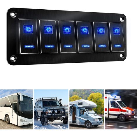 Zentrales Bedienfeld für Autos, Wohnmobile und Yachten, wasserdichtes 6-Wege-Bedienfeld aus Metall mit gebürsteter Oberfläche, schwarz eloxiert, mit zwei blauen Ein-/Ausschaltern. (1/5)